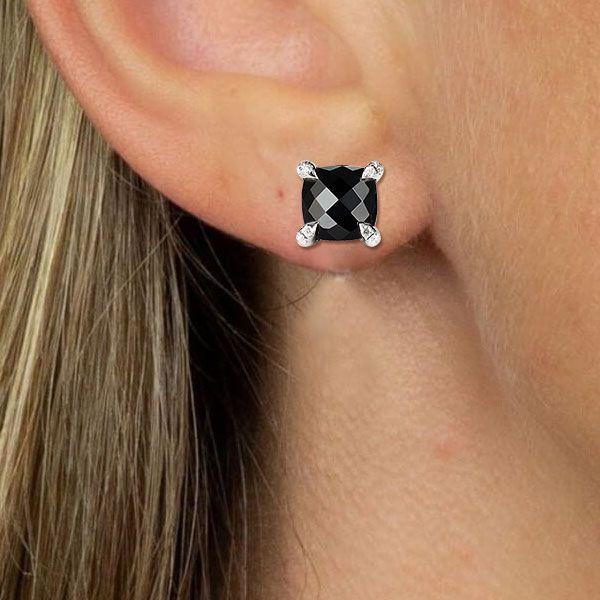 Cushion Cut Black Stud Earrings for Women - 925 Sterling Silver
