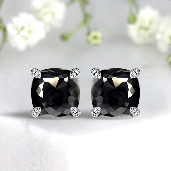 Cushion Cut Black Stud Earrings for Women - 925 Sterling Silver