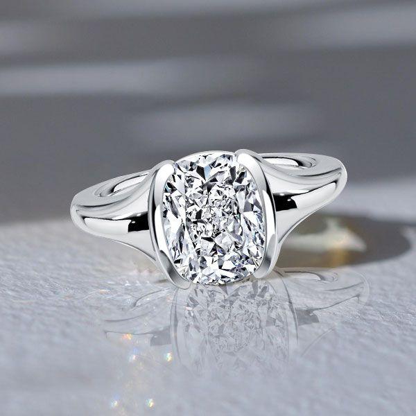 Half Bezel Cushion Cut White Sapphire Engagement Ring in Sterling Silver