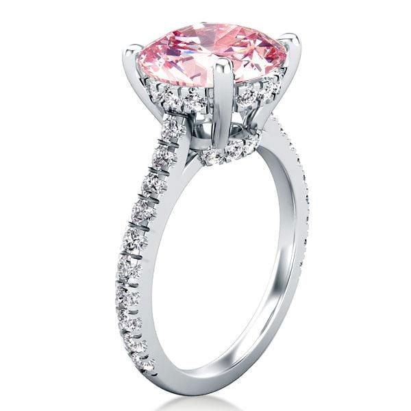 Pink Center Stone Hidden Halo Engagement Ring in Rhodium Plated Sterling Silver