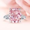 Pink Center Stone Hidden Halo Engagement Ring in Rhodium Plated Sterling Silver