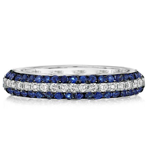 Blue Sapphire Wedding Band - Sterling Silver Triple Row Ring