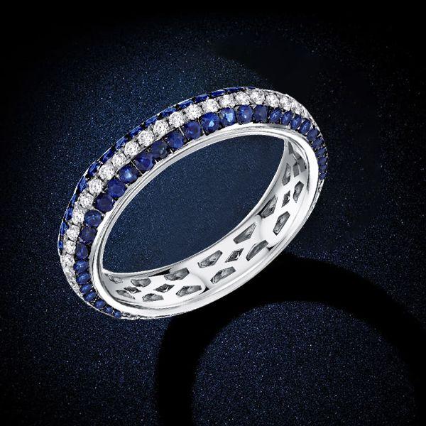 Blue Sapphire Wedding Band - Sterling Silver Triple Row Ring
