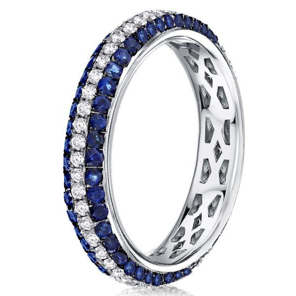 Blue Sapphire Wedding Band - Sterling Silver Triple Row Ring