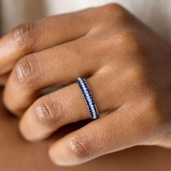 Blue Sapphire Wedding Band - Sterling Silver Triple Row Ring