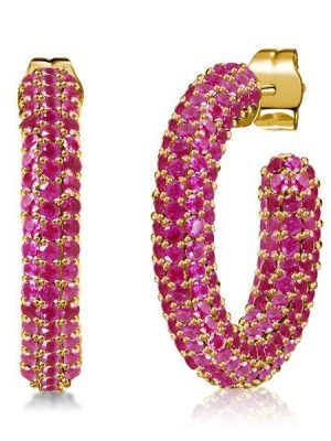 Ruby Hoop Earrings for Women - 18K Gold Plated Sterling Silver