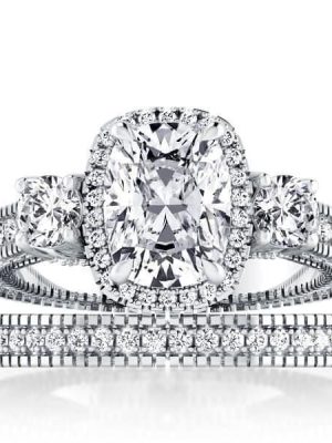 Halo Three Stone Bridal Set | 5.29 CTW Cubic Zirconia | 925 Sterling Silver Rhodium Plated
