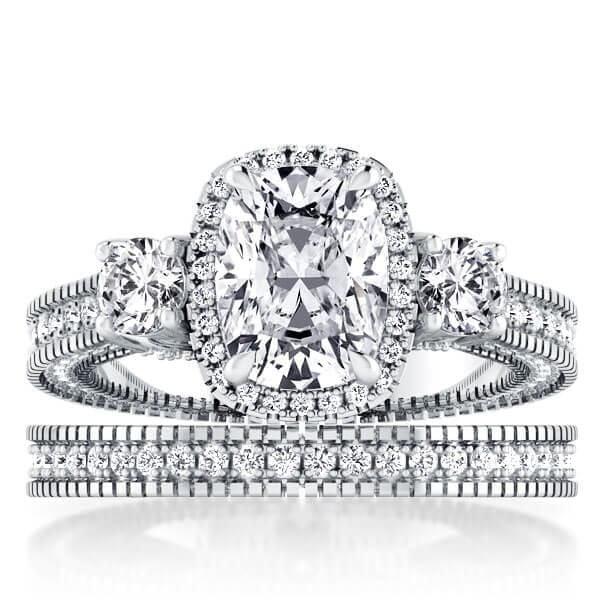 Halo Three Stone Bridal Set | 5.29 CTW Cubic Zirconia | 925 Sterling Silver Rhodium Plated