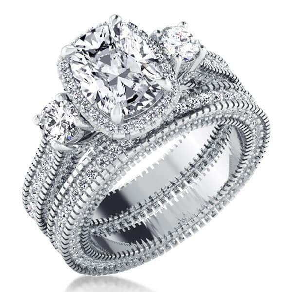 Halo Three Stone Bridal Set | 5.29 CTW Cubic Zirconia | 925 Sterling Silver Rhodium Plated
