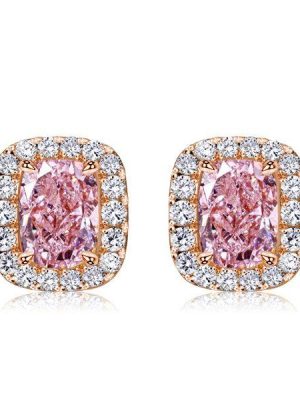 Halo Pink Stone Cushion Cut Stud Earrings - 18K Gold Plated Sterling Silver