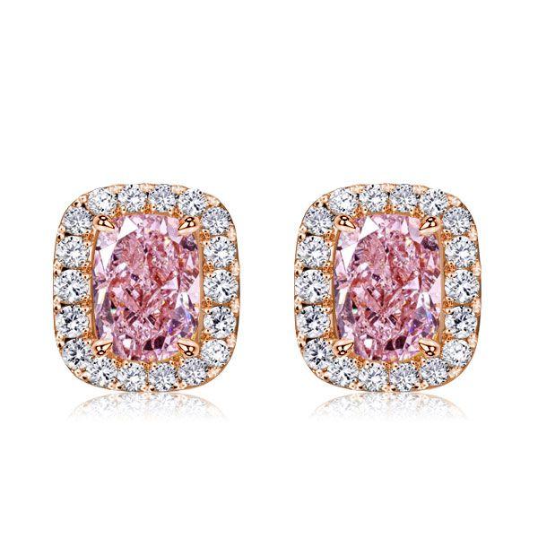 Halo Pink Stone Cushion Cut Stud Earrings - 18K Gold Plated Sterling Silver