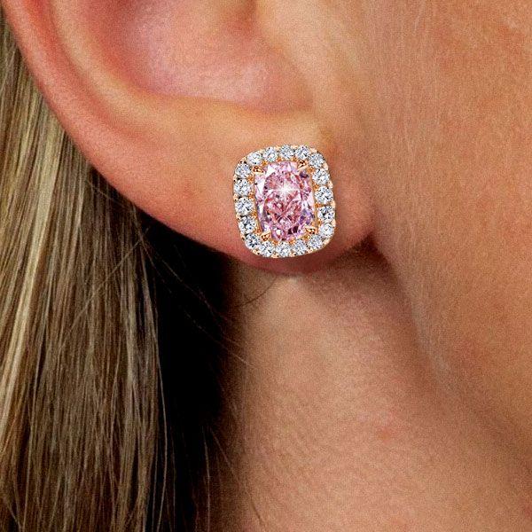Halo Pink Stone Cushion Cut Stud Earrings - 18K Gold Plated Sterling Silver