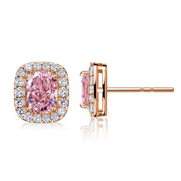 Halo Pink Stone Cushion Cut Stud Earrings - 18K Gold Plated Sterling Silver