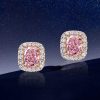Halo Pink Stone Cushion Cut Stud Earrings - 18K Gold Plated Sterling Silver