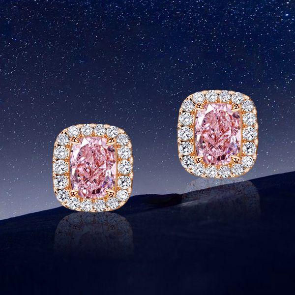 Halo Pink Stone Cushion Cut Stud Earrings - 18K Gold Plated Sterling Silver