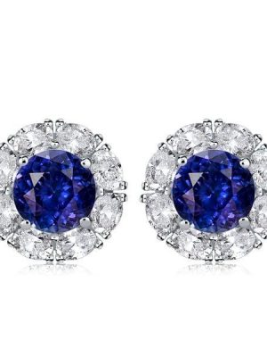 Classic White and Blue Halo Stud Earrings in 925 Sterling Silver