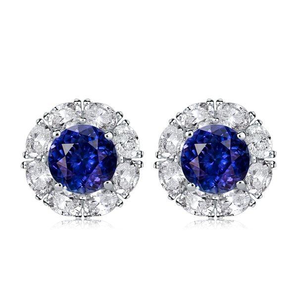 Classic White and Blue Halo Stud Earrings in 925 Sterling Silver