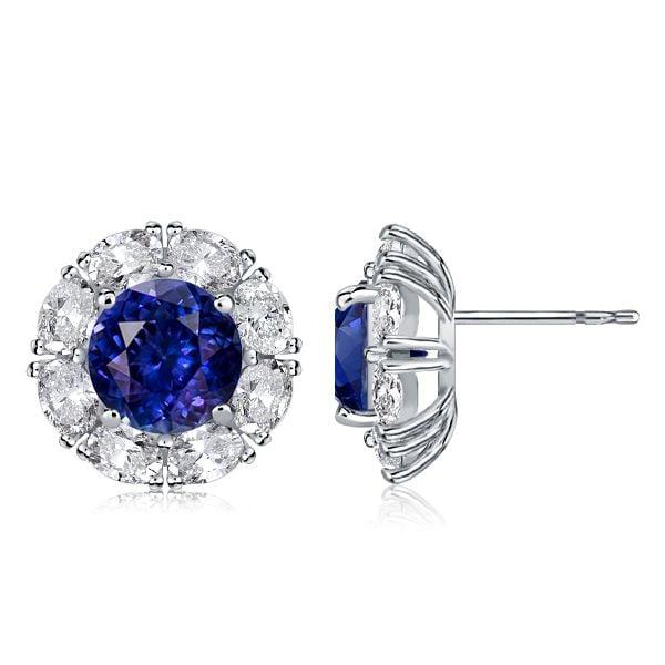 Classic White and Blue Halo Stud Earrings in 925 Sterling Silver