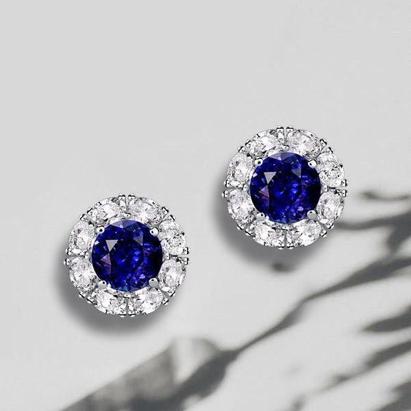 Classic White and Blue Halo Stud Earrings in 925 Sterling Silver