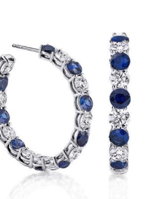 Blue Sapphire Hoop Earrings - Sterling Silver Round Cut Gemstone Hoops