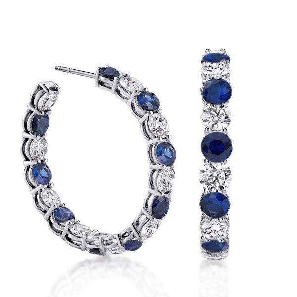 Blue Sapphire Hoop Earrings - Sterling Silver Round Cut Gemstone Hoops