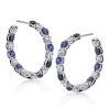 Blue Sapphire Hoop Earrings - Sterling Silver Round Cut Gemstone Hoops