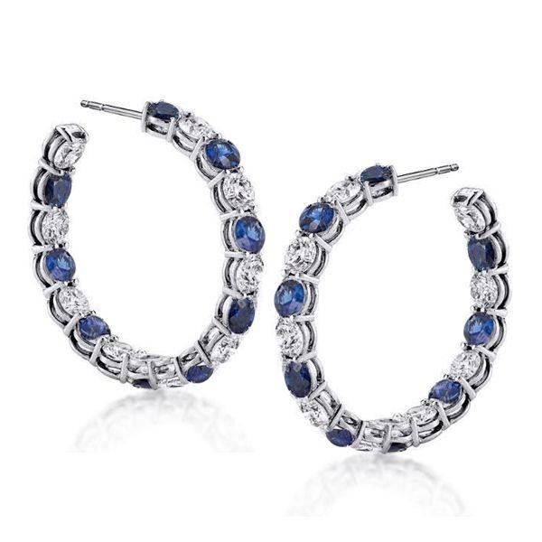 Blue Sapphire Hoop Earrings - Sterling Silver Round Cut Gemstone Hoops