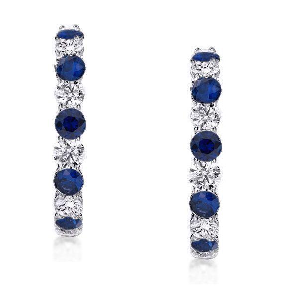 Blue Sapphire Hoop Earrings - Sterling Silver Round Cut Gemstone Hoops