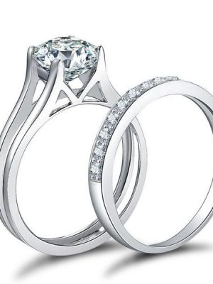 Sterling Silver Engagement Ring Set - 1.55 CT Simulated Diamond Bridal Rings
