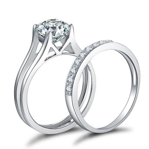 Sterling Silver Engagement Ring Set - 1.55 CT Simulated Diamond Bridal Rings