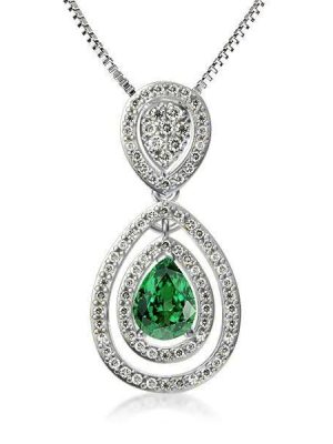 Pear Cut Green CZ Pendant Necklace - Sterling Silver Double Halo - 18 Inch