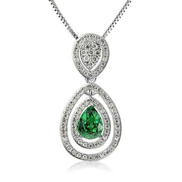 Pear Cut Green CZ Pendant Necklace - Sterling Silver Double Halo - 18 Inch