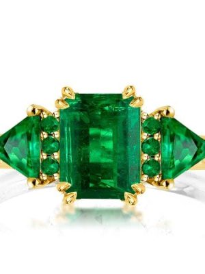 Affordable Emerald Cut Emerald Three Stone Engagement Ring in 18K Gold Plated Sterling Silver
