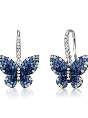 Dancing Butterfly Blue Sapphire Drop Earrings for Women in Sterling Silver