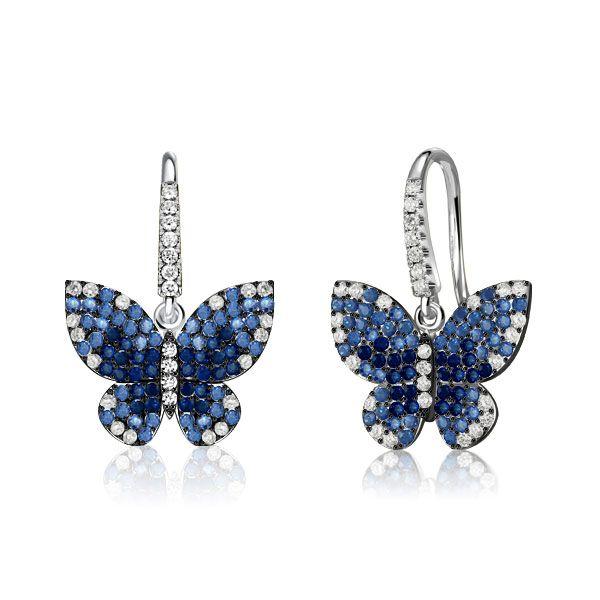 Dancing Butterfly Blue Sapphire Drop Earrings for Women in Sterling Silver