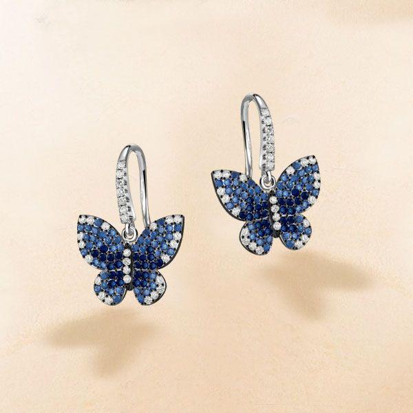 Dancing Butterfly Blue Sapphire Drop Earrings for Women in Sterling Silver