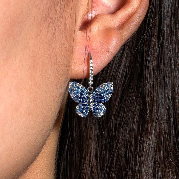 Dancing Butterfly Blue Sapphire Drop Earrings for Women in Sterling Silver