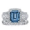 Emerald Cut Blue Topaz Bridal Ring Set in Rhodium Plated 925 Sterling Silver