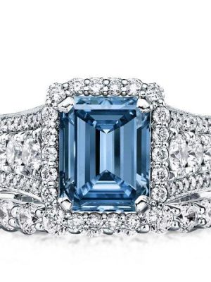 Emerald Cut Blue Topaz Bridal Ring Set in Rhodium Plated 925 Sterling Silver