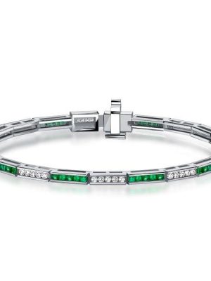 Channel Set Asscher Cut Emerald & Blue Sapphire Tennis Bracelet in Sterling Silver