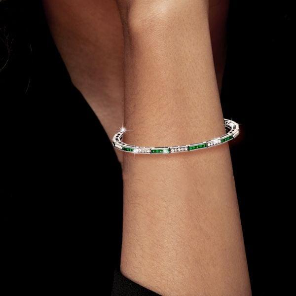 Channel Set Asscher Cut Emerald & Blue Sapphire Tennis Bracelet in Sterling Silver