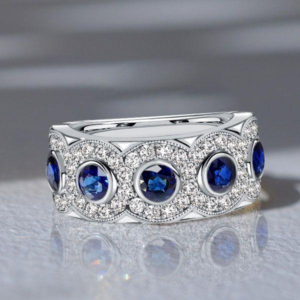 Stone Blue Sapphire Half Eternity Wedding Band in Sterling Silver