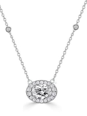 Halo Round Cut Pendant Necklace in 925 Sterling Silver with Rhodium Finish