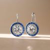 Luxury Halo Drop Earrings in 925 Sterling Silver with Created White & Blue Sapphire