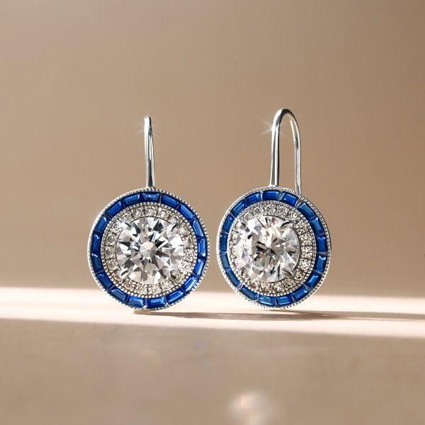 Luxury Halo Drop Earrings in 925 Sterling Silver with Created White & Blue Sapphire