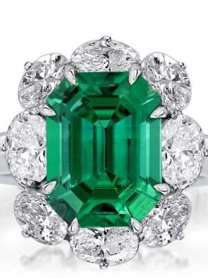 Emerald Cut Halo Engagement Ring - Flower Design - Sterling Silver