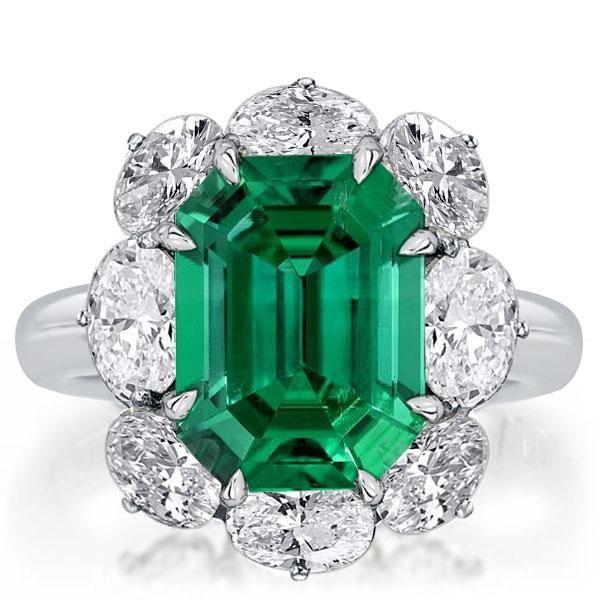 Emerald Cut Halo Engagement Ring - Flower Design - Sterling Silver