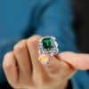 Emerald Cut Halo Engagement Ring - Flower Design - Sterling Silver
