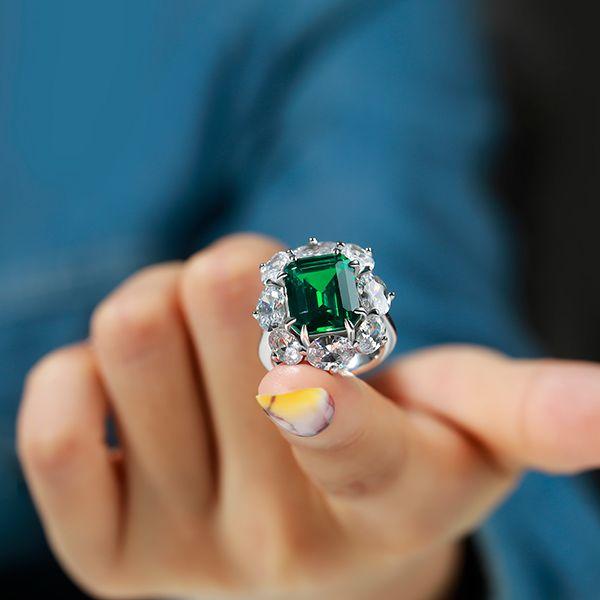 Emerald Cut Halo Engagement Ring - Flower Design - Sterling Silver
