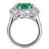 Emerald Cut Halo Engagement Ring - Flower Design - Sterling Silver